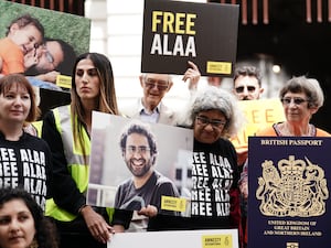 Laila Soueif (centre), the mother of British-Egyptian writer Alaa Abd el-Fattah, taking part in a vigil for the jailed pro-democracy activist outside the Foreign, Commonwealth and Development Office in Westminster in 2023