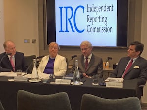 (l to r) Tim O’Connor, Monica McWilliams, John McBurney and Mitchell Reiss attend an Independent Reporting Commission press conference