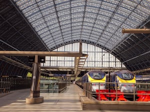 Eurostar trains on the platform at St Pancras International station, London, UK