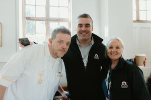 Radfield's Lewis Collins and Sam Bones meet Liam Fox on the Henry House set. Photo: Dani Harry photography