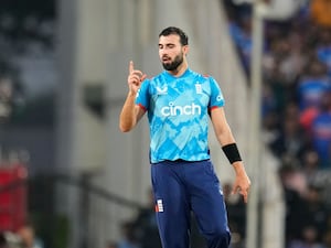 Saqib Mahmood celebrates a wicket