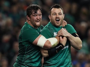 Ireland’s Cian Healy (right) celebrates with Andrew Porter