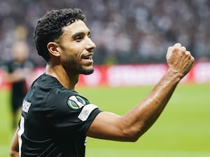 Omar Marmoush celebrates scoring for Eintracht Frankfurt against Aberdeen in 2023