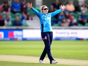 England’s Charlie Dean celebrates taking the wicket of Pakistan’s Fatima Sana via LBW during the third women’s one day international match at The Cloud County Ground, Chelmsford