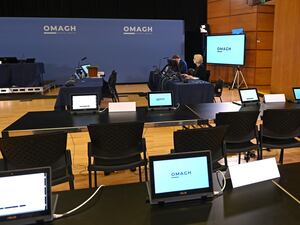 The hearing room at the Strule Arts Centre in Omagh, Co Tyrone, ahead of the first substantive hearing in the Omagh Bombing Inquiry