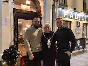 Shifnal Mayor, Ellen Moore (centre) opened Radici's with Luca Gallito and  Mario Brunetti.