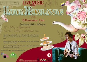 Live music with Lydia Rowlands and Afternoon Tea poster.