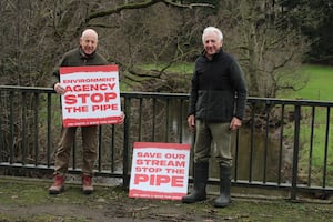 John Wood (left) with fellow supporter Robert Park. Mr Wood has set up a petition to prevent a pipe being built that could result in sewage being dumped into the river Onny. Picture submitted by John Wood