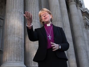 The Bishop of London, the Right Reverend Sarah Elisabeth Mullally, after a press conference at St Paul’s Cathedral