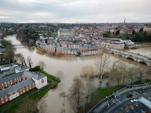 A view of the Shrewsbury flooding from Coleham, looking towards the English Bridge and the town centre