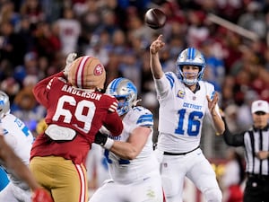 Detroit Lions quarterback Jared Goff throws a pass during the first half