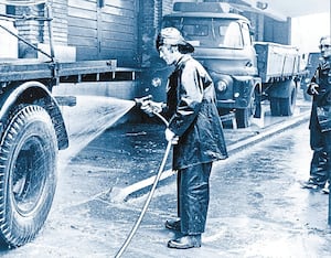 A lorry being disinfected at the Midland Counties Dairy in November 1967 as safety steps were put in place