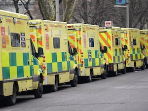 Ambulances parked outside London Ambulance Service NHS Trust control room in Waterloo