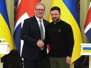 Prime Minister Sir Keir Starmer and Ukrainian President Volodymyr Zelensky shake hands at the start of a press conference at Mariinskyi Palace, Kyiv, during his visit to Ukraine to sign a new long-term partnership deal with Mr Zelensky