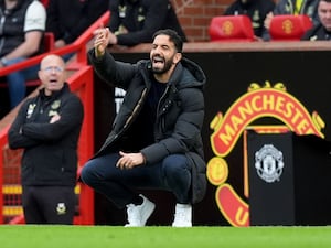 Manchester United manager Ruben Amorim gestures during the Premier League match