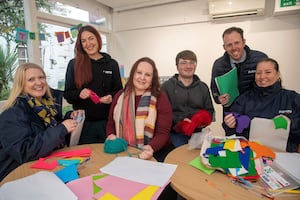 From left to right: Rachel Marner, The Hive’s Lead Programmes and Project Manager Susan Evans, CEO Katie Jennings, Events and Project Coordinator Josh Wilson, along with Anthony Walker and Susan Terry-Smith who worked together to assemble craft packs for fundraising efforts.