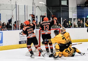 Tigers celebrate the puck hitting the back of the Berkshire Bees net on Sunday evening (Picture: Edward Bowen Photography)