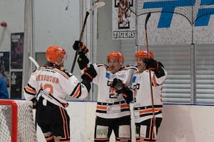 Vladimir Luka, centre, celebrates with his team-mates after scoring Tigers’ third goal Picture: Edward Bowen