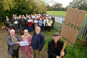 Bayston Hill, Shrewsbury, where land: The Glebefields, that the community use, has been fenced off from the Church Diocese. On some pics you can see local residents including the front group: Bernie Bentick, Teri Trickett (in pink), Cllr Ted Clarke and Chair of the Friends of the Glebe, and Parish Cllr: Mark Underwood. Teri is also pictured next to another one of the fences.