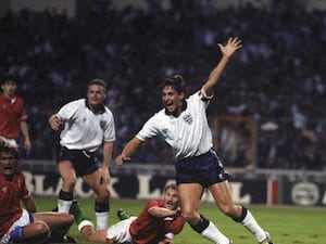 England captain Gary Lineker scores his side’s only goal during a friendly against Hungary