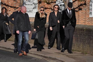 Kate Cassidy and Damian Hurley (second right) arrives for the funeral service of One Direction singer Liam Payne at St Mary's Church in Amersham, Buckinghamshire