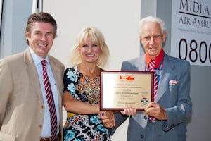 Robert Bertram, CEO County Air Ambulance, Hanna Sebright, CEO Midlands Air Ambulance, with Hugh Meynell MBE at the opening of the upgraded Strensham airbase in 2012.