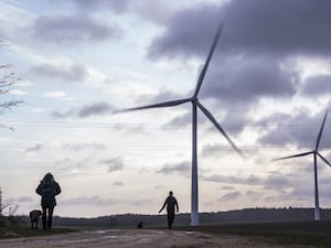 People walking dogs by onshore wind turbines