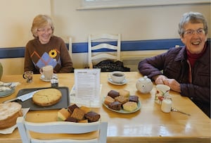 LCSG members Claire Taylor (right) and Anne Coe enjoying coffee and cake at the Cleobury Mortimer Hub. Photo: LCSG 