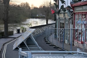 Flood defences in Ironbridge on Monday