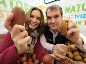 Gerrol Jalving with wife Alison Jalving preparing for previous Potato Day