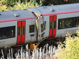 The scene after a collision involving two trains near Llanbrynmair, mid-Wales