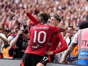 Alejandro Garnacho celebrates with United team-mate Marcus Rashford