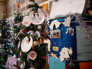 The church band's 'tree' made out of a drum. Image: Andy Compton