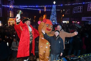 Market Drayton's Christmas Lights were switched on by the town mayor, Councllor Roy Aldcroft, special guest Elspeth Taylor - the overall art winner in the Market Drayton calendar competition, the town crier, Geoff Russell, and the Gingerbread Man.