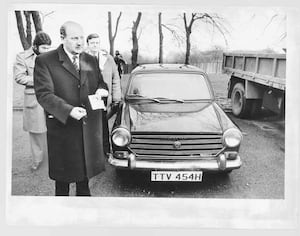 Bob Booth with the stolen car Neilson parked outside Dudley Freightliner terminal