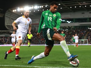 Northern Ireland's Shea Charles, right, on the ball against Bulgaria