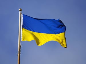 The Ukraine flag flies