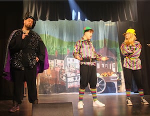 Edward Price as Mordred with comically villainous duo Port and Cullis,  portrayed by Harry Cosgrave and Chloe Duggan.