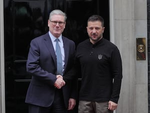 Ukrainian President Volodymyr Zelensky and Prime Minister Sir Keir Starmer as he arrives in Downing Street