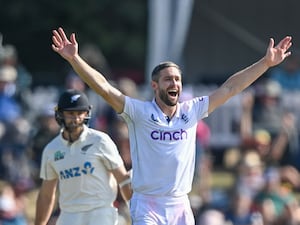 England’s Chris Woakes appeals successfully for the dismissal of New Zealand’s Kane Williamson