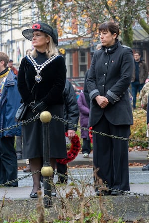 Llandrindod Wells Mayor Councillor Marcia Morgan and Powys County Council Chief Executive Emma Palmer at this year's Remembrance Service event in the town