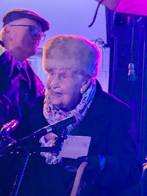 Trish Pritchard, 92, switched on the lights. Photo: Juliet Shone