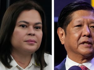 A composite image of Philippine Vice President Sara Duterte, left, in Quezon City, Philippines, Nov. 13, 2024, and Philippines President Ferdinand Marcos Jr in Vientiane, Laos