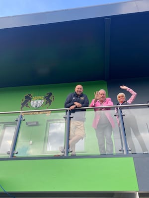 Left to right: Ian George, Mark Triggs and Karen Sawbridge celebrate the partnership between Together at Christmas and Bridgnorth Rugby Club