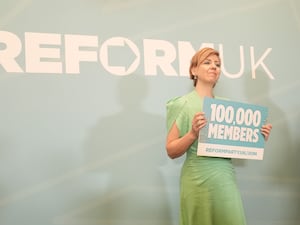 Dame Andrea Jenkyns during a press conference at The May Fair hotel in central London in front of a Reform UK background