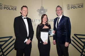 Detective Constable Becky Jasper with Temporary Chief Constable Richard Cooper (left) and PCC John Campion. Picture: West Mercia Police.