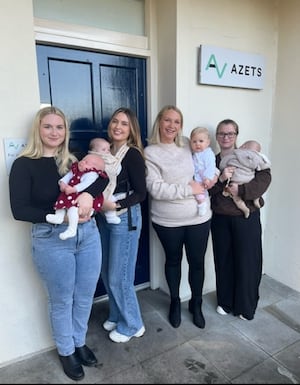 Holly George with baby Charlotte, Tasha Barker with baby Lily, Sarah Clarke with baby Maeve and Holly Williams with baby Jaxon