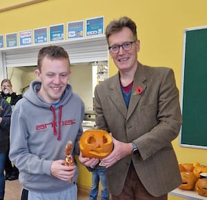 Runner-up of the adult pumpkin carving was Jake Griffiths, seen here with Cllr Jake Berriman