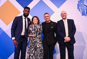 Headline Sponsor Representative Vava Tampa with Sue Bunker. Broadcaster and Journalist Ashley John-Baptiste and Awards’ Trustee Rob Mitchell MBE.