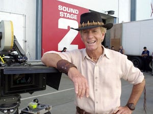 Paul Hogan stands on the set of Crocodile Dundee